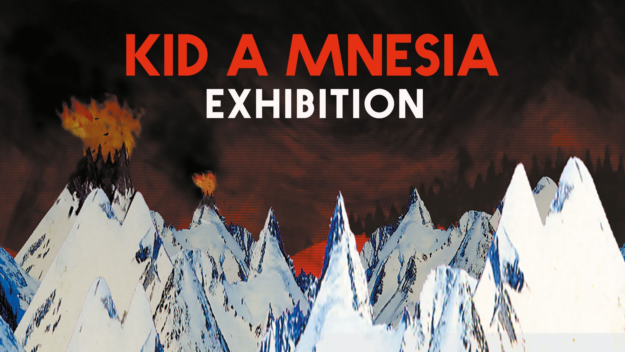 The KID A MNESIA poster, featuring stark white mountains against a dark background