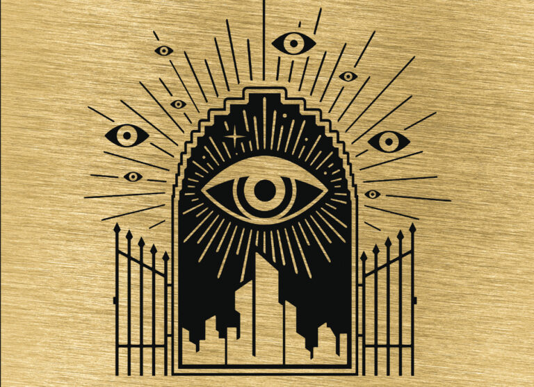 Part of the cover for The Golden Enclaves, a novel by Naomi Novik, which features an open gate and creepy floating eyes.