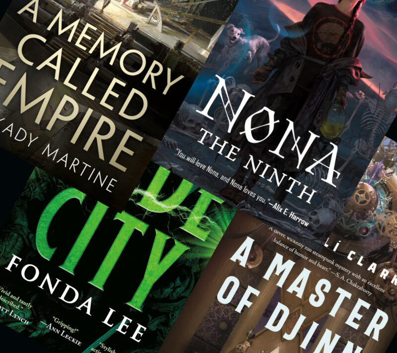The covers of A Memory Called Empire, Nona the Ninth, Jade City, and A Master of Djinn piled up diagonally